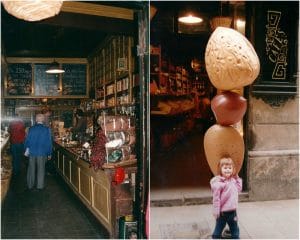 A definite highlight for me on our trip to Barcelona was the back alley trip to Casa Gispert, a source of fine chocolate, Spanish olive oil, black truffles, paella ingredients and nuts of all sorts.  The store was marked by three larger-than-life nuts in front.  The tiny person was with us!