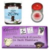 Giveaway includes: 1) Jen’s Zen Chocolate Sauce (made with coconut milk) (9.5 ounces), 2) Lumia Organic Cinnamon Spice candle (4 ounces), 3) Chocolove Currant and Almonds in Dark Chocolate bar (3.2 ounces) (I love, love, love this brand; each chocolate bar comes with a love poem inside too!)