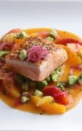 SEARED KING SALMON 

Avocado Relish + Winter Citrus + Pickled Red Onion + Orange and Star Anise Broth
Photo credit: Sweet Basil Vail.