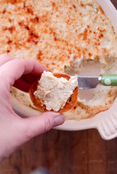 Creamy Hot Artichoke Dip Garlic Toast Rounds gluten free BoulderLocavore.com