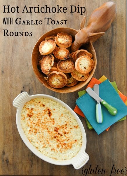 Creamy Hot Artichoke Dip with Garlic Toast Rounds gluten free BoulderLocavore