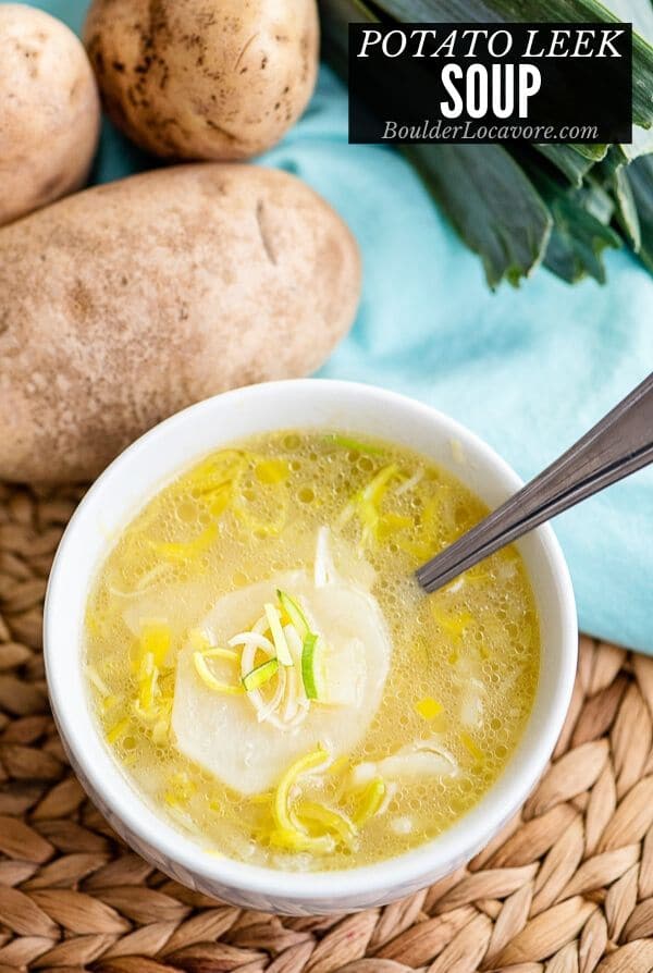 Potato Leek soup in a bowl with recipe title