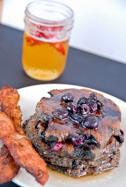 Mesquite Blue Corn Blueberry Pancakes with bacon