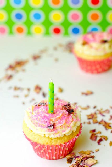 Vanilla Cupcakes with Rose Cream Filling and Candied Rose Petals