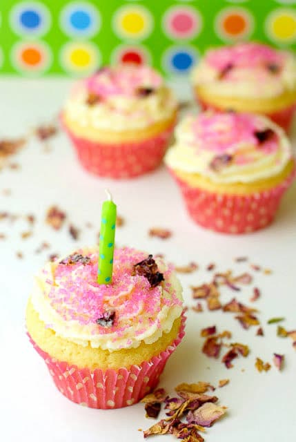 Rose-Cream filled Vanilla Cupcakes with Candied Rose Petals