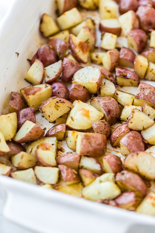 lavender roasted potatoes in pan 