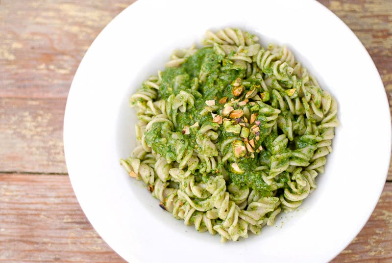 A plate of Toasted Pistachio Arugula Pesto with Brown Rice Fusili Pasta