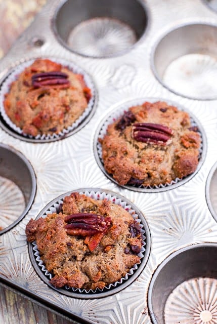 Muffin tin with Bacon Mesquite Chilies-and-Cherries Chocolate Muffins