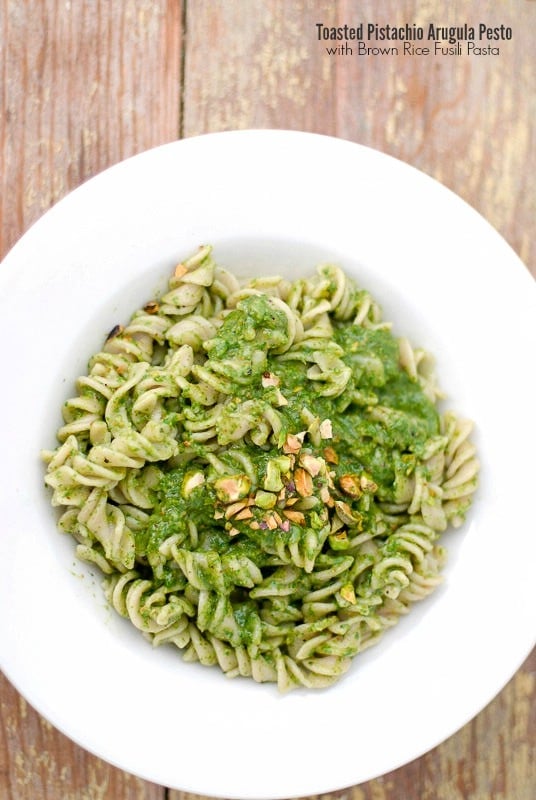 Toasted Pistachio Arugula Pesto with Brown Rice Fusili Pasta