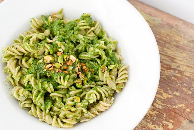 Toasted Pistachio Arugula Pesto with Brown Rice Fusili Pasta