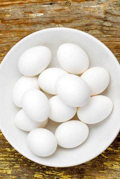 hard boiled eggs in a white bowl