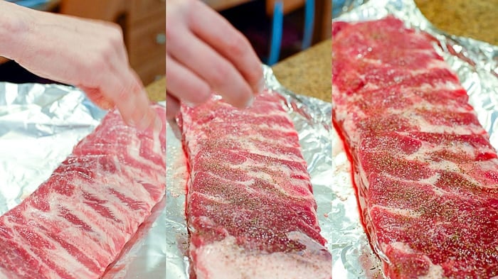prepping St. Louis-Style Ribs for cooking with salt, pepper and spice rub