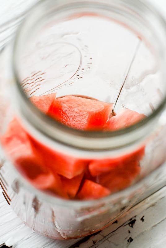 View inside Mason jar with watermelon