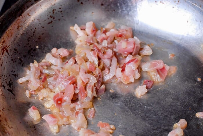 pancetta browning in skillet 