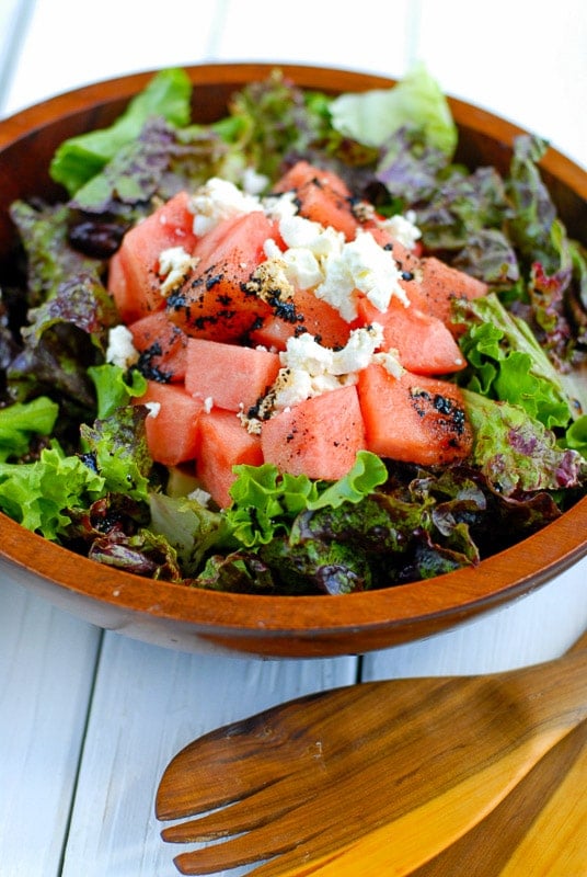 watermelon goat cheese salad in bowl