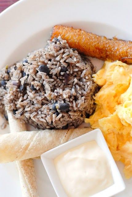 Authentic Costa Rican Gallo Pinto recipe (beans and rice) with scrambled eggs and soft tortillas
