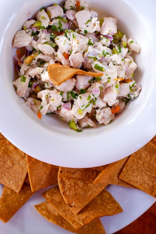Fresh Costa Rican ceviche with chips at Lola's in Costa Rica