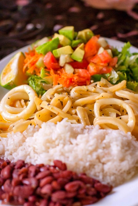 freshly caught calamari with beans and rice in Tamarindo Costa Rica