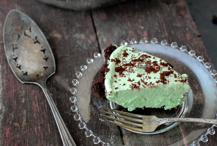 Slice of Grasshopper Pie on glass plate