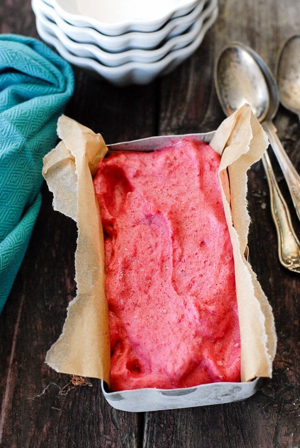 Plum Rosemary-Gin Sorbet in metal pan