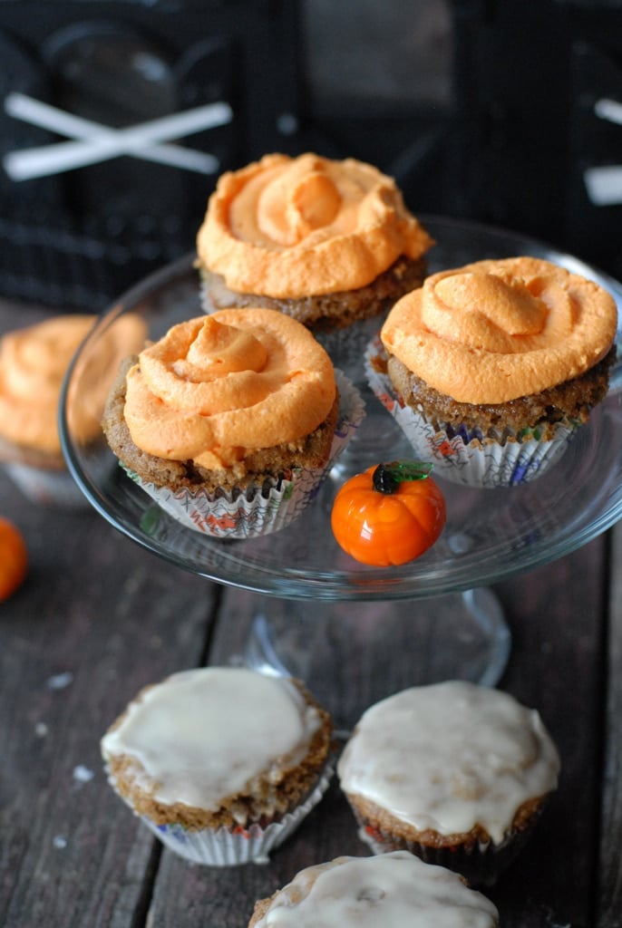 pumpkin spice cupcakes on pedestal
