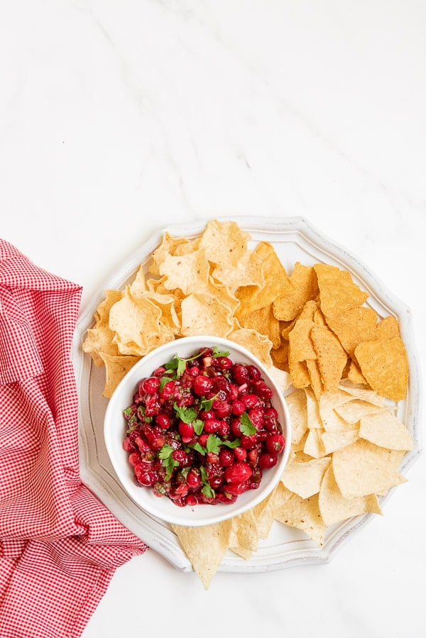 Cranberry Salsa with a mixture of tortilla chips