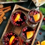glass mugs of Glogg mulled wine on a wooden tray