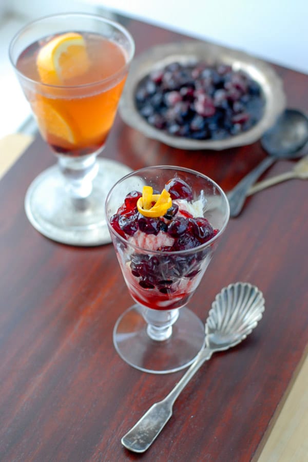 brandied cranberries on vanilla ice cream in goblet