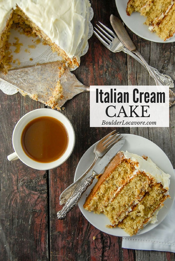Italian Cream Cake (also called Italian Wedding Cake) is a moist three-layer cake with coconut, walnuts, buttermilk, cream cheese frosting and more. You won't want to wait for a special occasion to eat it! Easy recipe. Can be made #glutenfree too. #cake #Italian #layercake #creamcheese #coconut #walnut #dessert