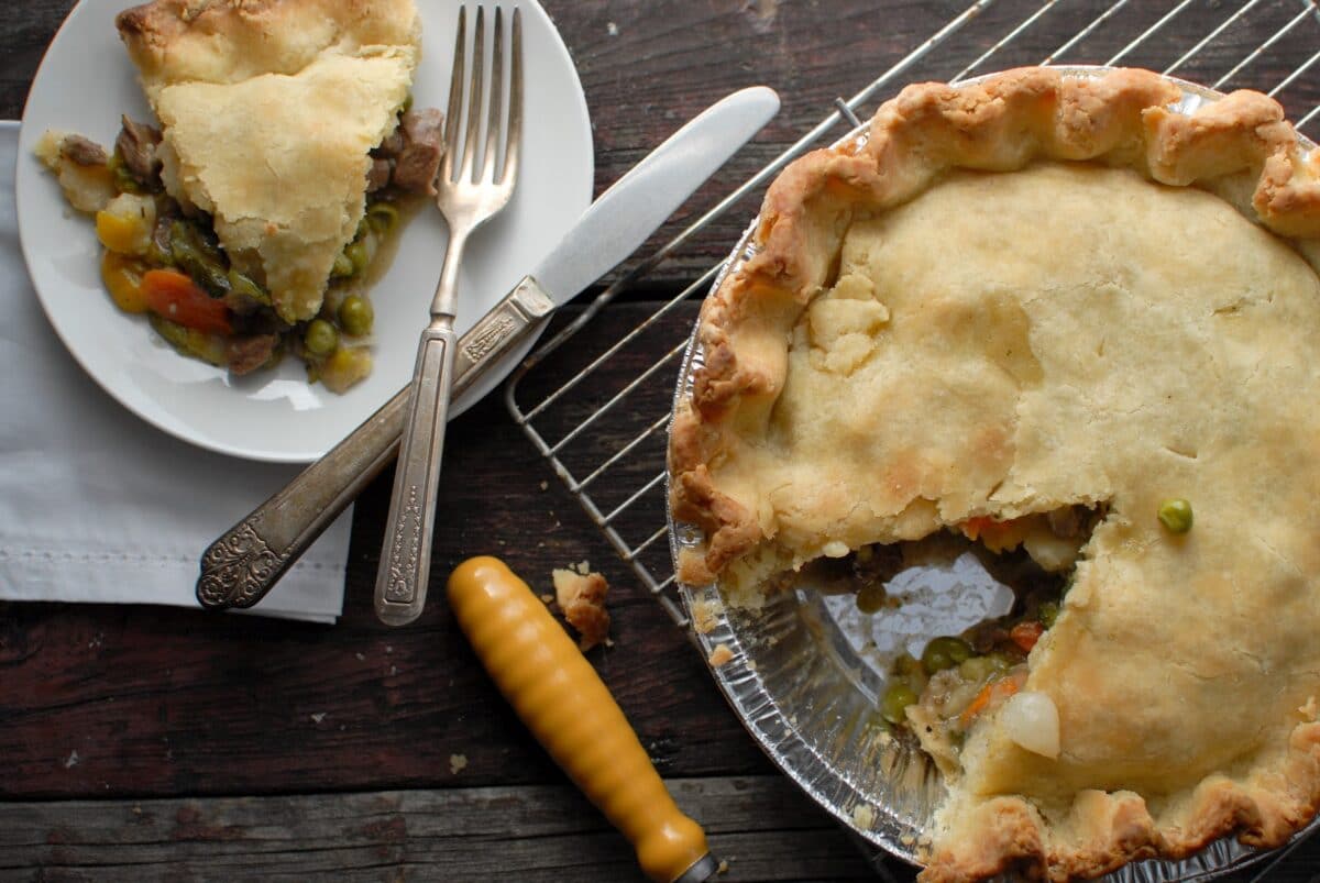 gluten free buffalo pot pie with slice on a plate