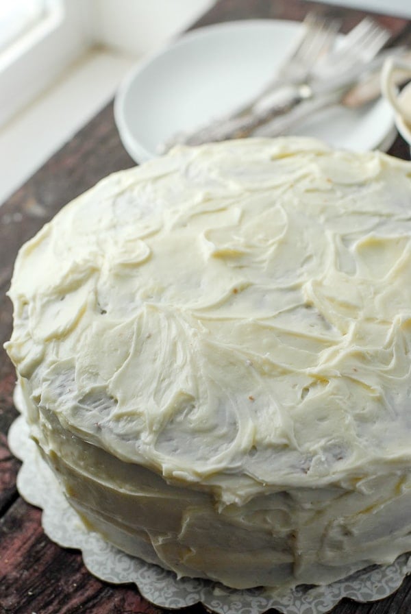 Close view of whole Italian Cream Cake with cream cheese frosting