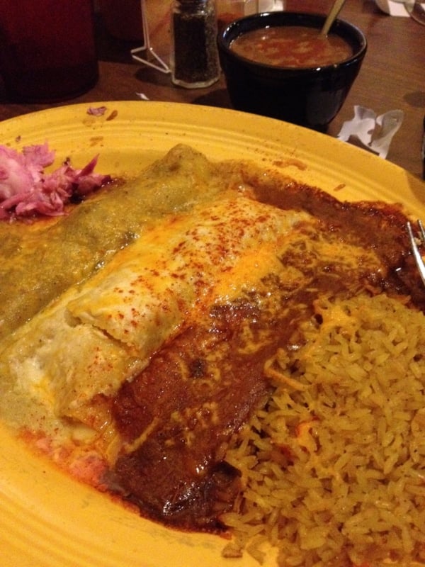 The Bandera Dinner Special: A beef enchilada with green chile sauce (gluten free), a cheese enchilada with red chile sauce
