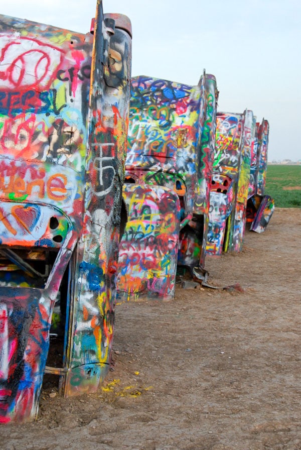 Close up of painted cars at Cadillac Ranch Amarillo Texas