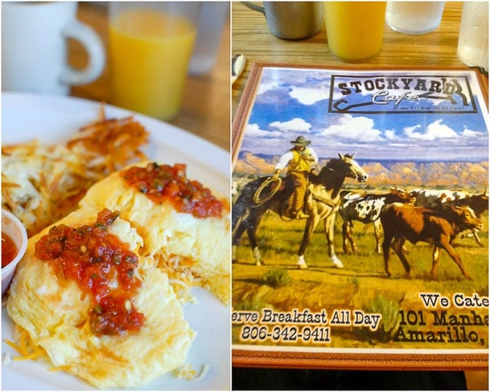 Eggs with salsa and menu from Stockyard Cafe Amarillo Texas