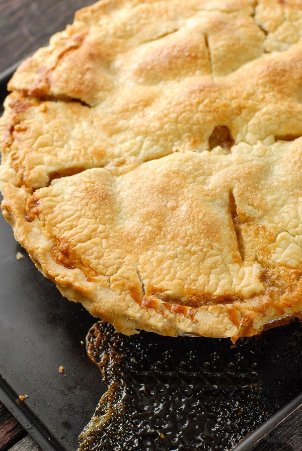 freshly cooked Pear pie on baking sheet