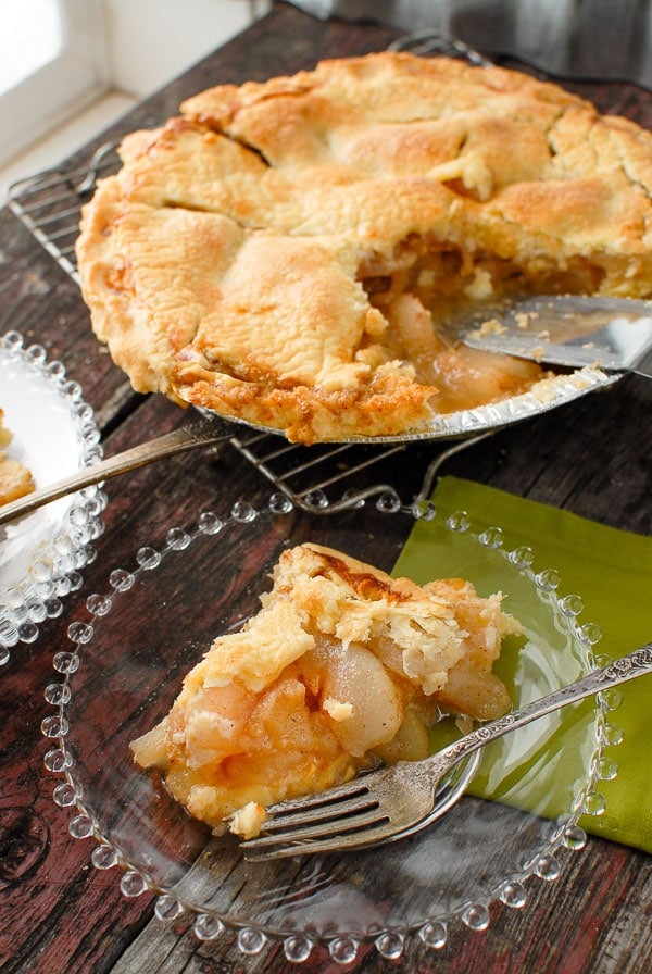 freshly cooked Ginger Pear pie serving