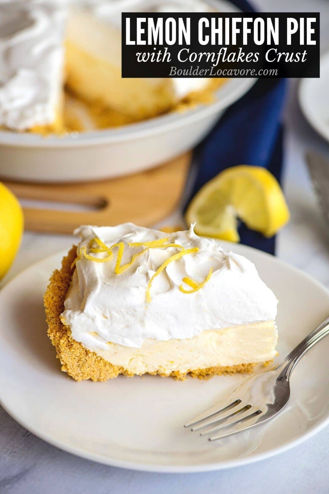 slice of Lemon Chiffon pie on plate with recipe title on image