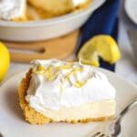 slice of Lemon Chiffon pie on plate with recipe title on image