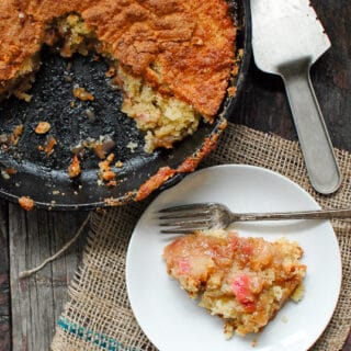 rhubarb upside down cake in skillet