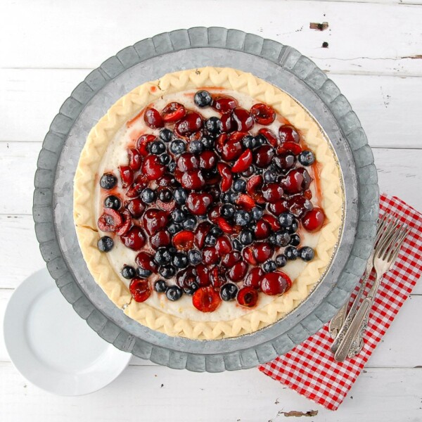 Cherry-Blueberry Cloud Pie on cake stand