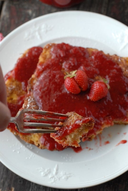 peanut butter French Toast with strawberry syrup - bite