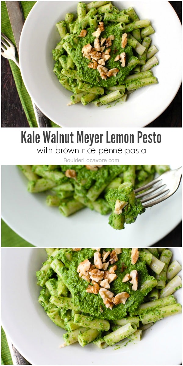 Kale Walnut Meyer Lemon Pesto with Brown Rice Penne Pasta (gluten-free collage