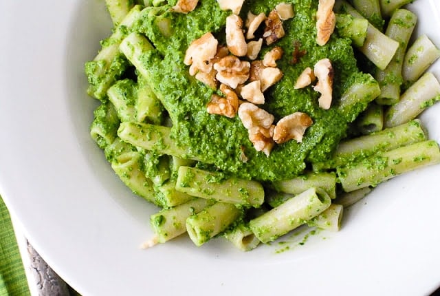 Kale Walnut Meyer Lemon Pesto on Brown Rice Penne Pasta