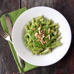 Kale Walnut Meyer Lemon Pesto on Brown Rice Penne Pasta