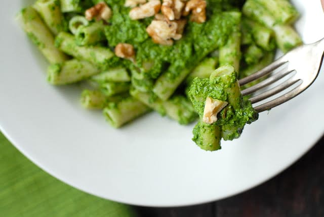 Kale Walnut Meyer Lemon Pesto on Brown Rice Penne Pasta in
With fork