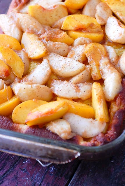 Golden Baked Pancake with Sautéed Peaches close up