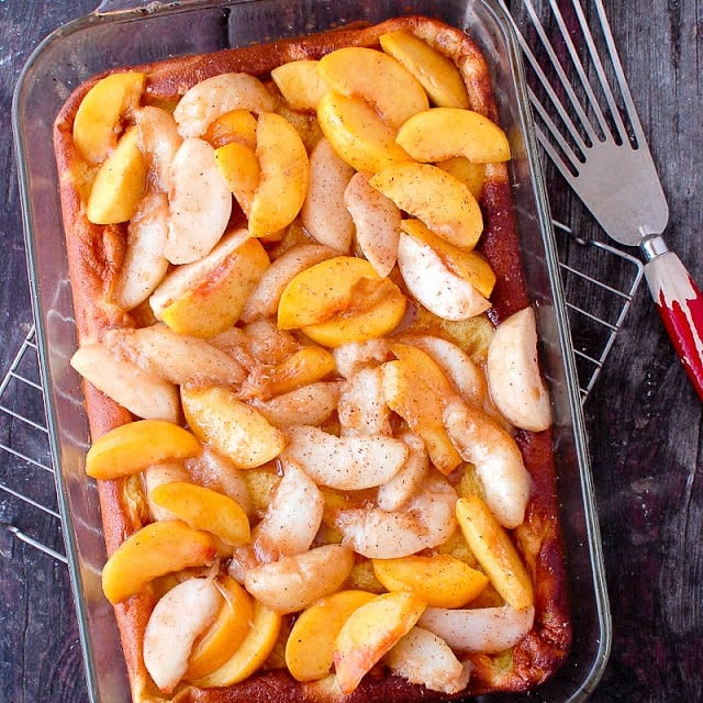 view from above Golden Baked Pancake with Sautéed Peaches