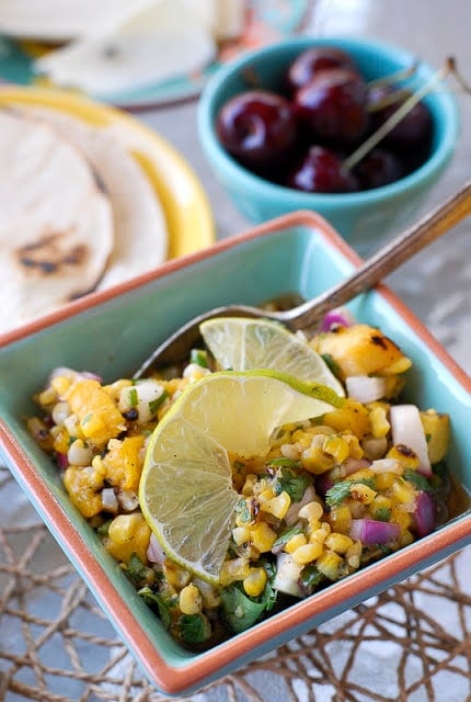 Grilled Corn and Peach Salsa with lime slice