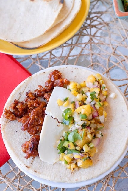 Grilled Corn and Peach Salsa with Smoked Chorizo Taco 