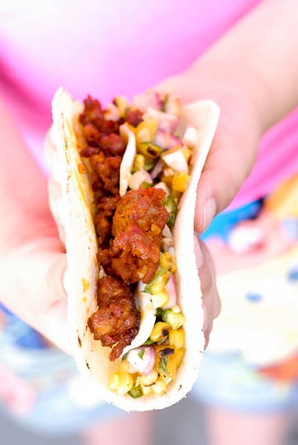 Chorizo and corn soft tacos